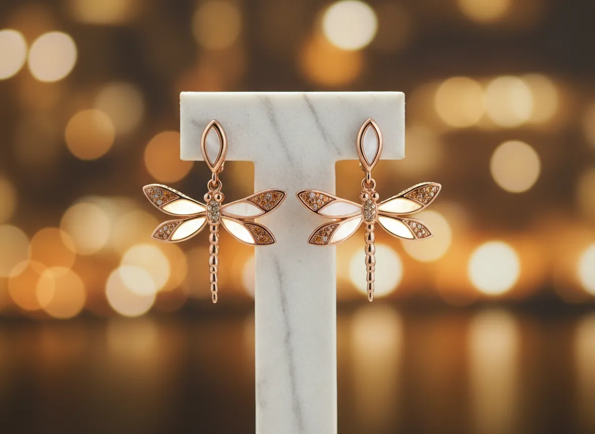 Dragonfly earrings with soft bokeh background